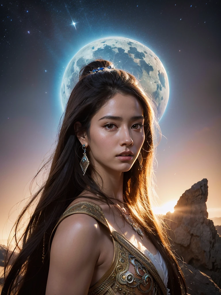 Photo, 8k portrait of a beautiful Mayan woman , brown skin ,with brown hair, translucent white dress,, very detailed, majestic, arte de artgerm y ruan jia y greg rutkowski pintura surrealist  obra maestra, side lighting, beautiful finely detailed eyes:  1.2, HdR, realist, High Definition. Fantasy art style, Boris Vallejo. night sky 