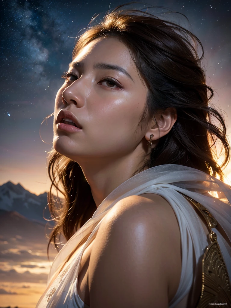 Photo, 8k portrait of a beautiful Mayan woman , brown skin ,with brown hair, translucent white dress,, very detailed, majestic, dramatic movement. arte de artgerm y ruan jia y greg rutkowski pintura surrealist obra maestra, side lighting, beautiful finely detailed eyes: 1.2, HdR, realist, High Definition. Fantasy art style, Boris Vallejo. night sky