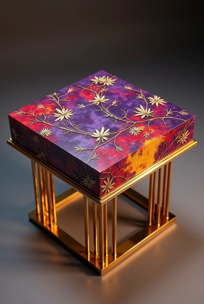 Small square table, ideal for serving coffee, completely covered with a layer of Decostucco material in shades of violet, purple, bright red, and warm yellow.. The surface is decorated with delicate gold leaves intertwined like veins, with a randomly placed shiny gold ribbon wrapping around the base of the table for a luxurious touch..
The table legs come in the form of thin golden tubes, distributed on the four corners of the table.. In each corner, there are eight thin gold tubes, arranged in an elegant style that adds beauty and elegance to the design, so that the table gives a harmonious and unique look.