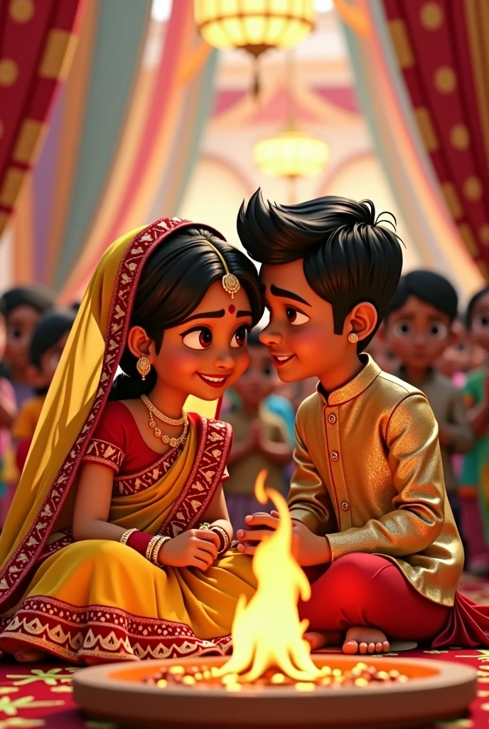 Make two pixar cartoons. They are getting married. Bride is wearing a yellow saree with red border and has a veil on her head. Groom is wearing a golden kurta. He is applying sindoor on brides head. They are in love. They sre sitting in a mandap. There are weddings guests around. Theres a holy fire in front of them. Make it a very spiritual and happy event
