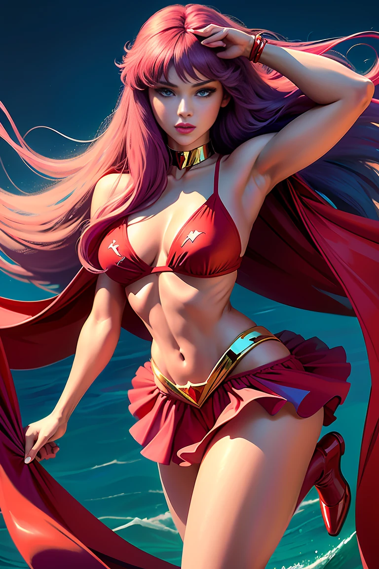 beautiful lighting,best quality,absurdrez,master part,ultra highres,photorrealistic, sexy model pose, fotografia de fully body,delicate elegance,fully body, 1 girl, Kido_saori,(usando cosplay da Supergirl, red cloak, S for Superman on chest, blue swimsuit, Red skirt, red boots)