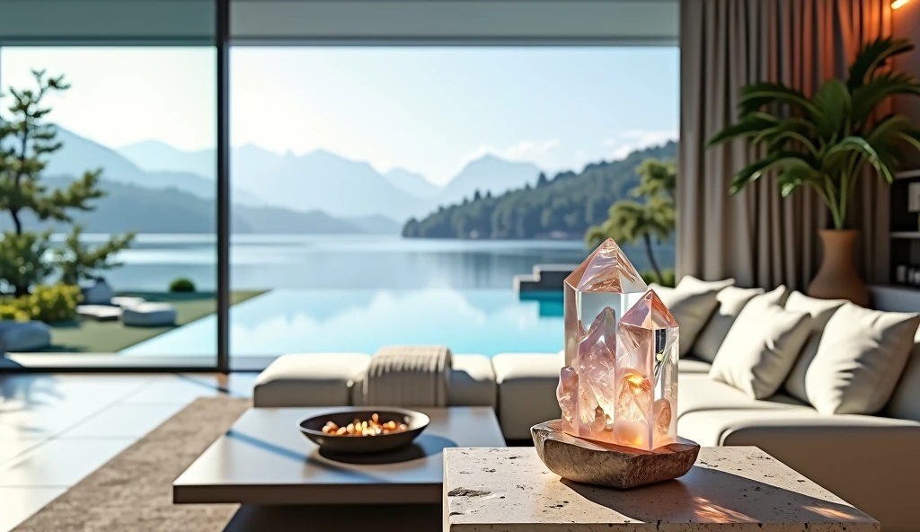 A living room in a modern, minimalist home, tons branco, view of a lake and infinity pool, on top of a table is a quartz crystal, photography realistic, summer