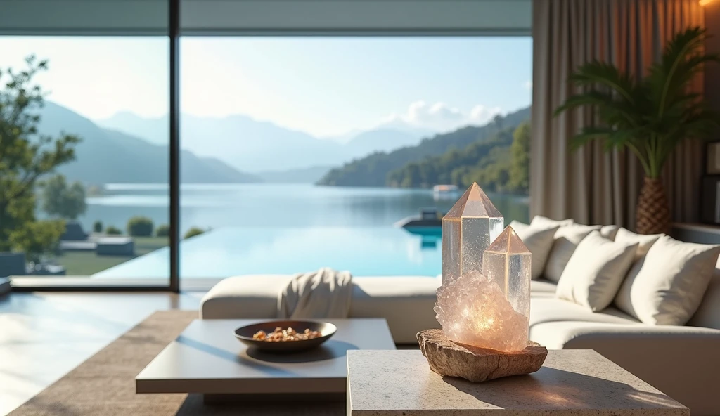 A living room in a modern, minimalist home, tons branco, view of a lake and infinity pool, on top of a table is a quartz crystal, photography realistic, summer 