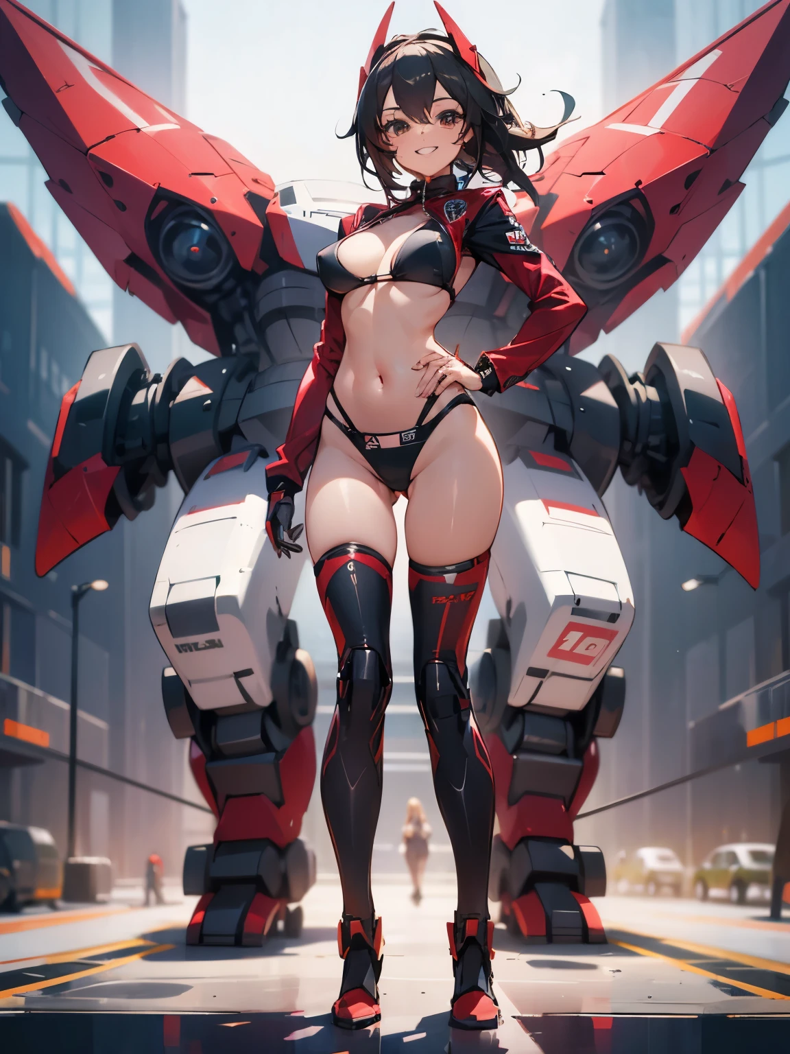 Very beautiful girl, 1, Revealing outfits, Black bikini-style racing suit, red and black boots, High leg, micro, Very beautiful breasts, View here, Grin, Standing in front of a sophisticated bipedal robot
