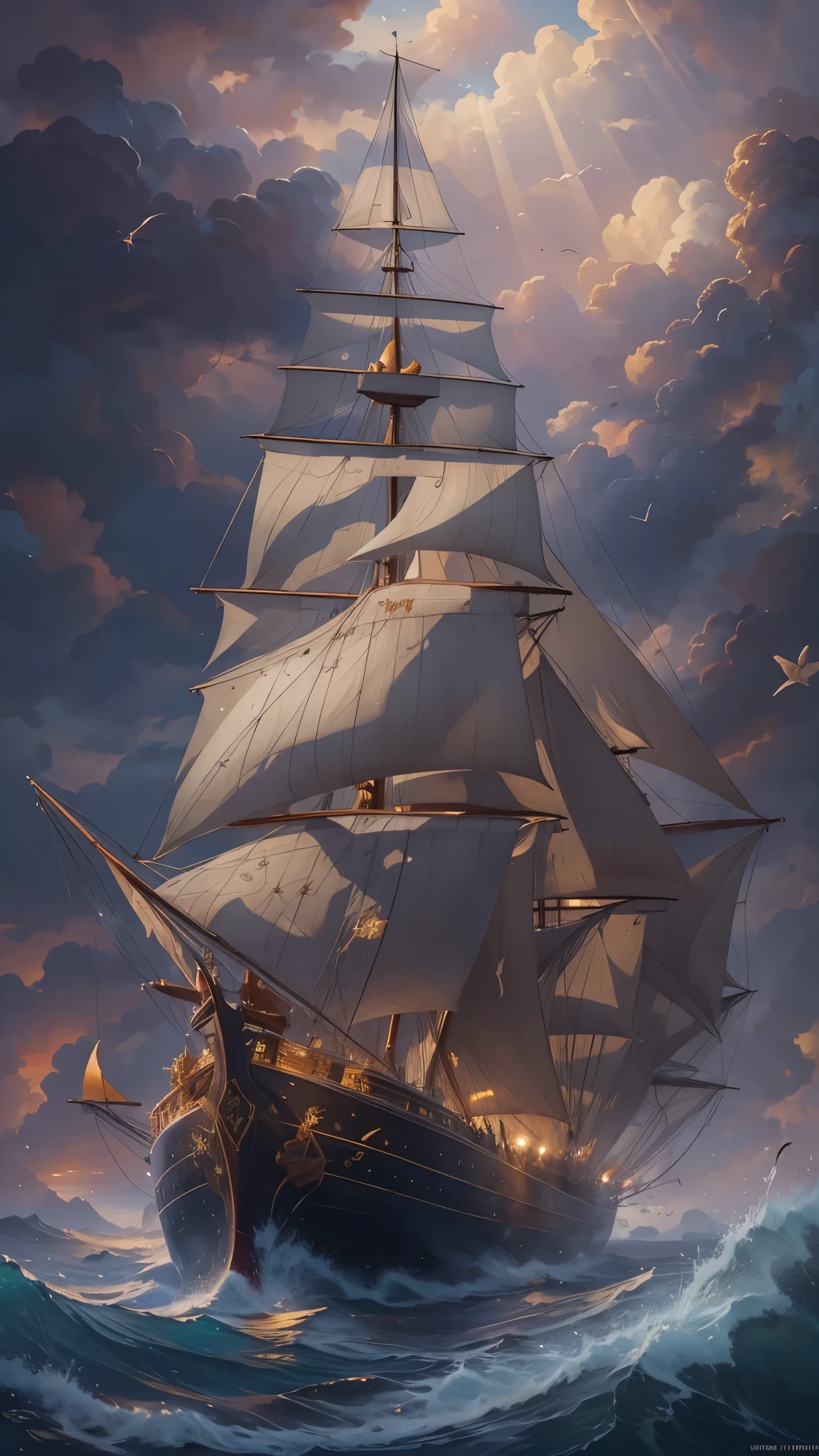 ((Highest quality)),(Ultra-high resolution),(Super detailed),(Detailed Description),((The best CG)),(masterpiece),Highly detailed art,(Art with precise detail:1.5), Boat, mast, 風に追われBoatは何処へ