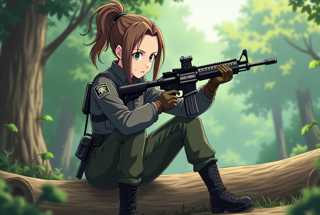 (ponytail forehead hair pulled back:1.3), anime style, girl in uniform holding a rifle sitting on a log, from girls frontline, fine details. girls frontline, anya from spy x family, girls frontline universe, girls frontline style, girls frontline, girls frontline cg,