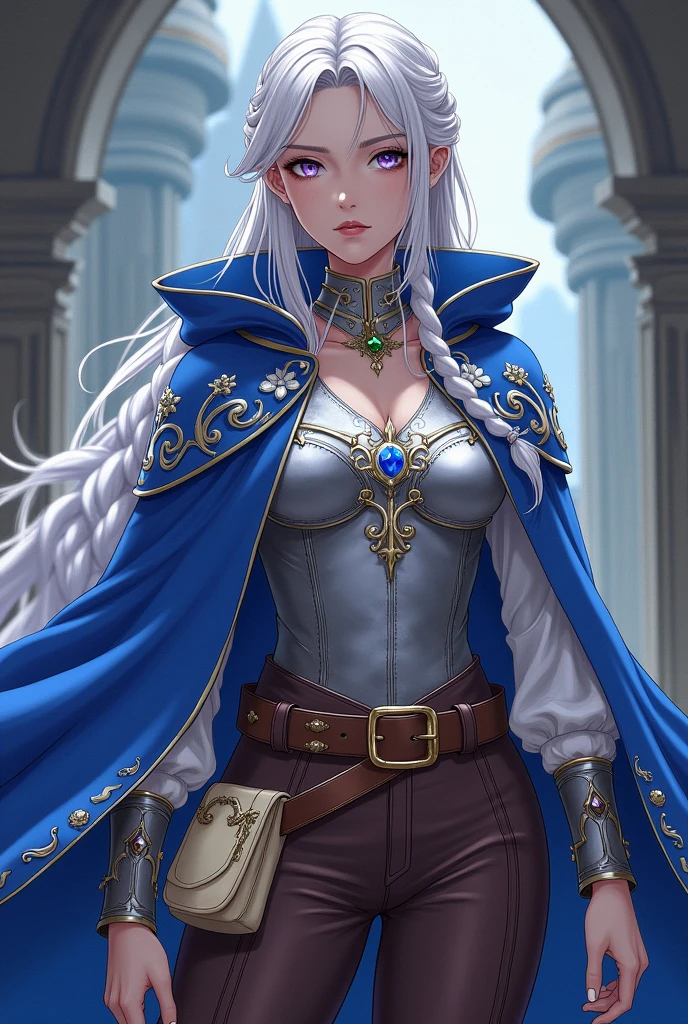 Lavender eyes. Magician People Woman, with long braided white hair. Blue cape decorated with silver embroidery and a detached hood. White blouse, silver breastplate and brown pants and boots. Silver collar with emerald and silver headband with emerald Brown belt with cream colored bag Manga style
