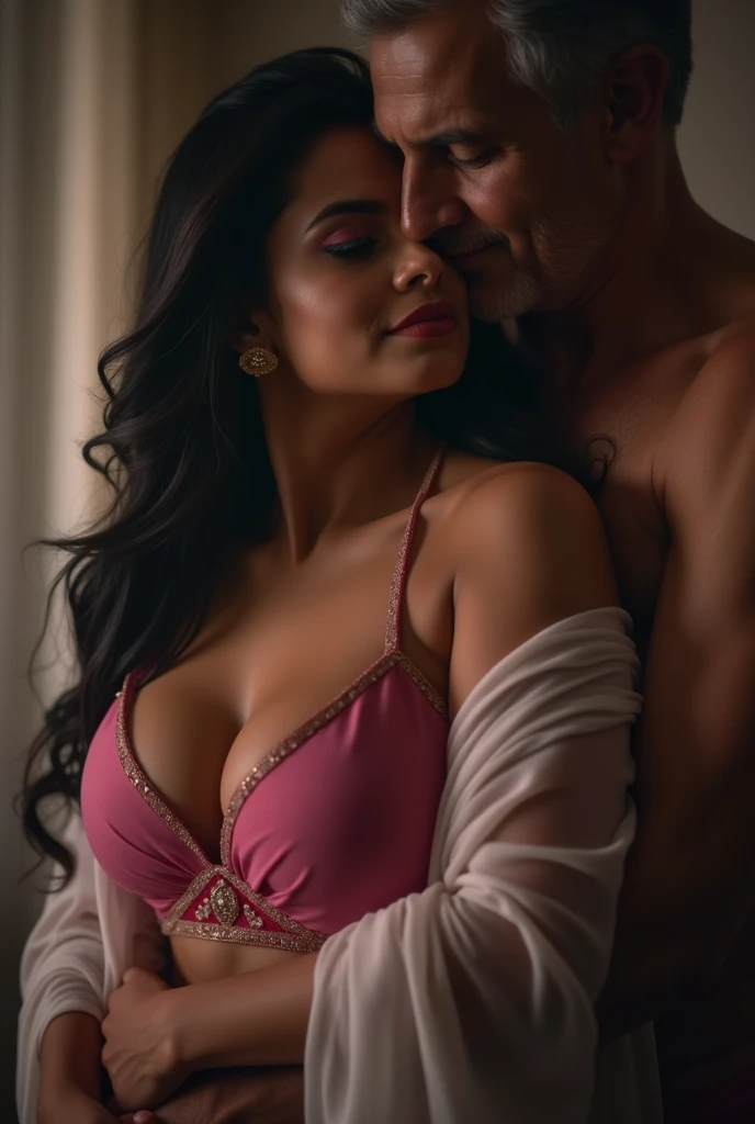 Photo of a Voluptuous Indian Girl, wearing tight Pink Kurti and White Stole tied around her neck, Wide U Cut cleavage, Showing huge cleavage, lying on Bed and turning her head and kissing a Old Man Sensually, Dim light in the room.