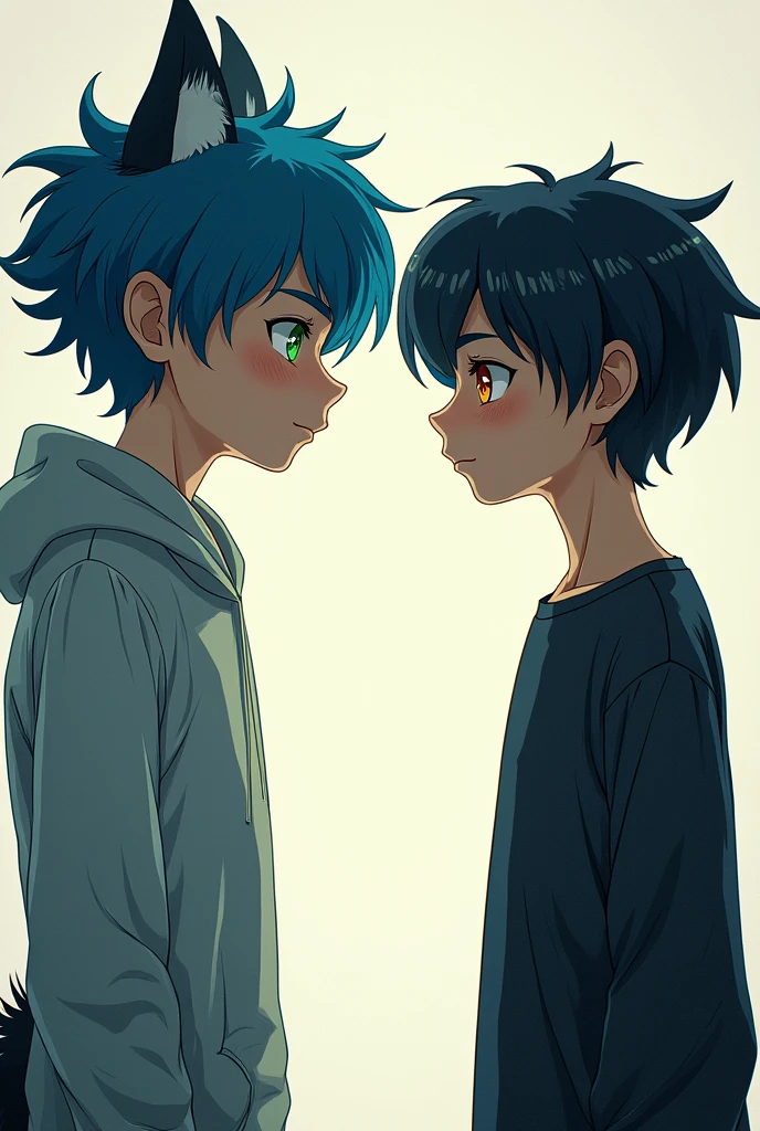 the boy on the right who has black hair ,  have one orange eye and the other blue eye and be short and the boy on the left has blue hair , wolf ears with tail , with green eyes and that is tall Looking at each other 