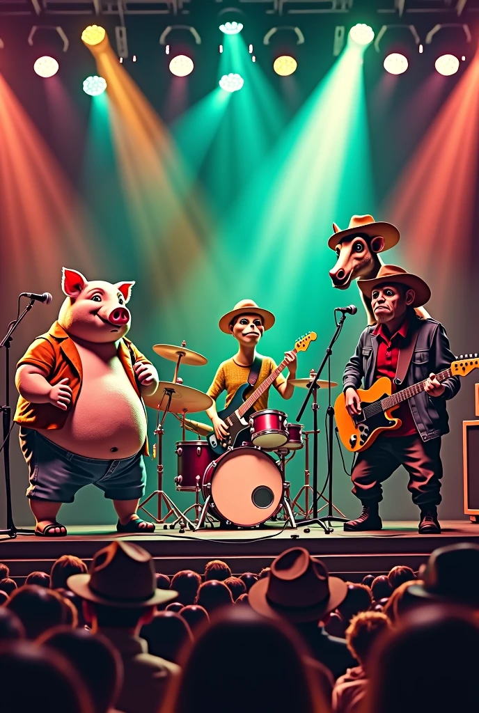 Ska punk band consisting of a fat pig with a nose piercing playing the drums, a fat cat playing the trumpet, a monkey playing the bass, a skinny meerkat playing a guitar, a big surigato playing another guitar, a tall, thin horse singing. It all happens in a concert hall full of people wearing Panama hats..