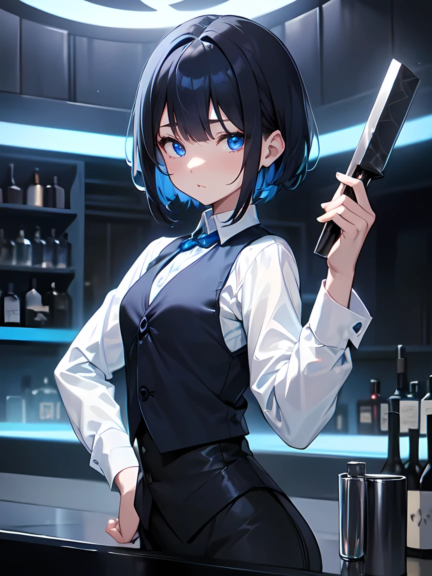 Dark blue short hair、Blue shining eyes、Medium chest、bartender、(A long-sleeved white shirt with a black vest、The Obsidian Bar with Blue Lights:1.3)、Girl、Thin limbs、(mini、Young、Girl、low length:1.1)、solo、Anime Style:1.1、