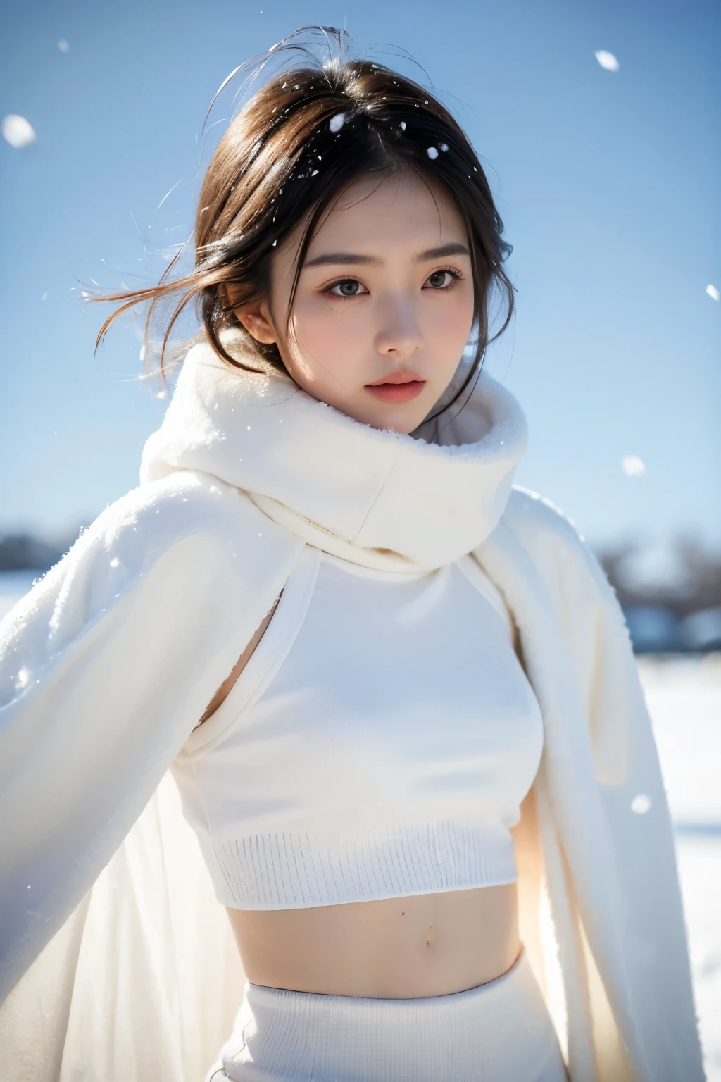 ( best quality, masterpiece, ultra high res, photorealistic:1.4, RAW photo:1.2), beautiful half russia-chinese woman, 23yo, heart face shape, short hair,(melancholy winter snow:1.4), Warm sun,cape,A place where you can see the ocean,A little snow dancing on a sunny day,Are thin,Beautiful slim woman,Casual clothes that aren't too dressy,Young beautiful girl,Casual clothing,Goodbye sadness,Ocean,Autumn Outfits,Usual,