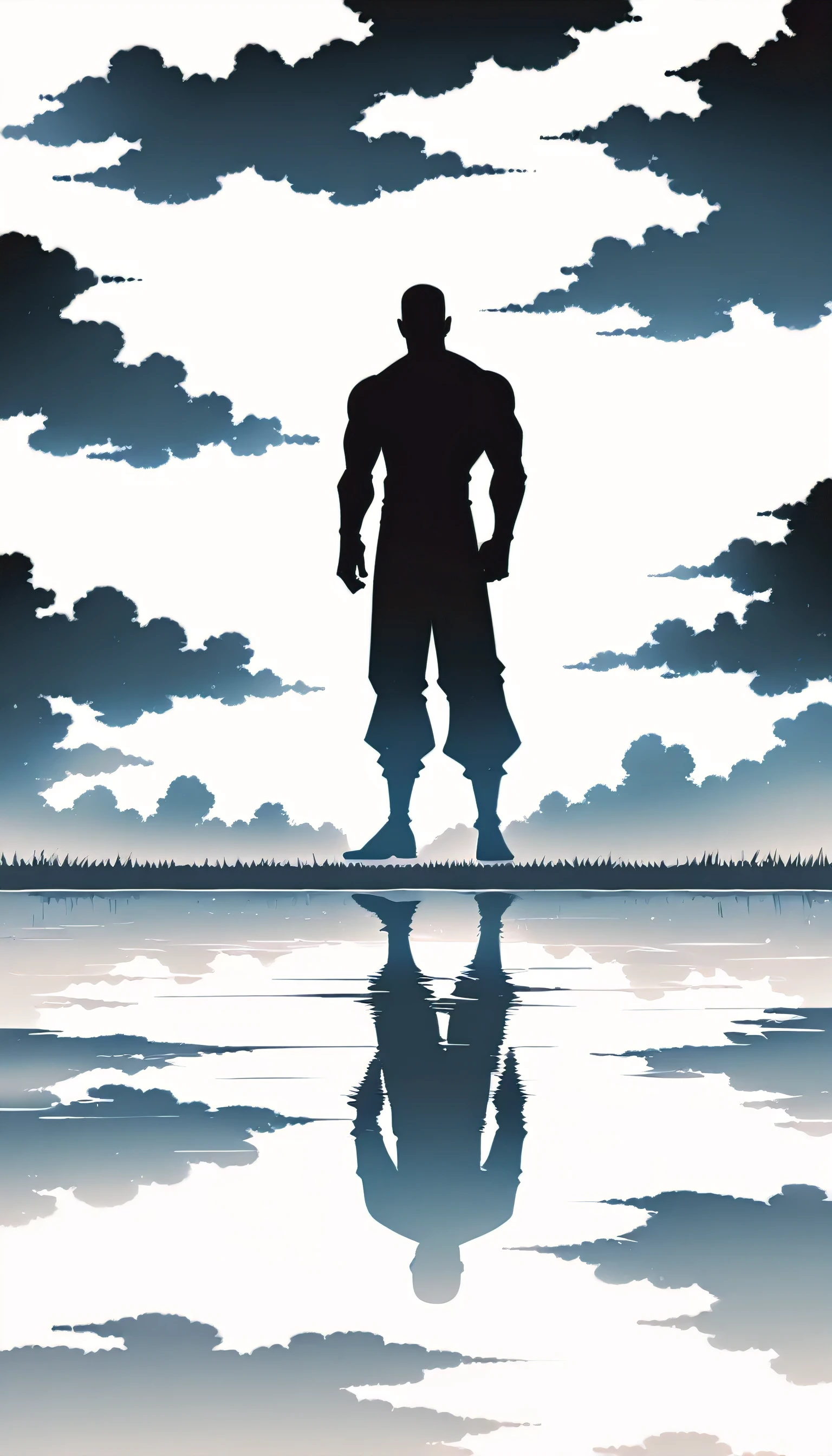 A man in a black bodysuit stands in the smoke, Priapus, Dark Black, Dark black skin, Buzz Cut, His muscles are very developed, Very tall, short hair, Blend into the smoke, Lake, Reflection, Man silhouette, Chinese, black and white, Simple style