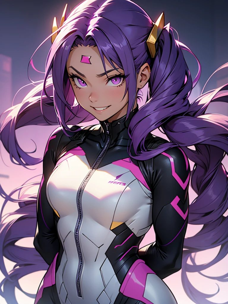 Girl in a hero costume. Long purple hair. Purple-pink eyes. Futuristic tight suit. Suit in dark purple and black. Girl smiling. Academy in the background. Field for training heroes. Other classmates in the background. MHA. Beautiful cheerful girl. In her hair are gold hairpins and her hair is loose with small pigtails. Wavy silky hair. Pale porcelain skin. 