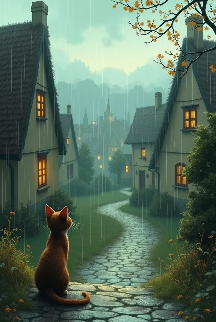 A peaceful, rainy village scene with cat,s memory softly depicted in the background