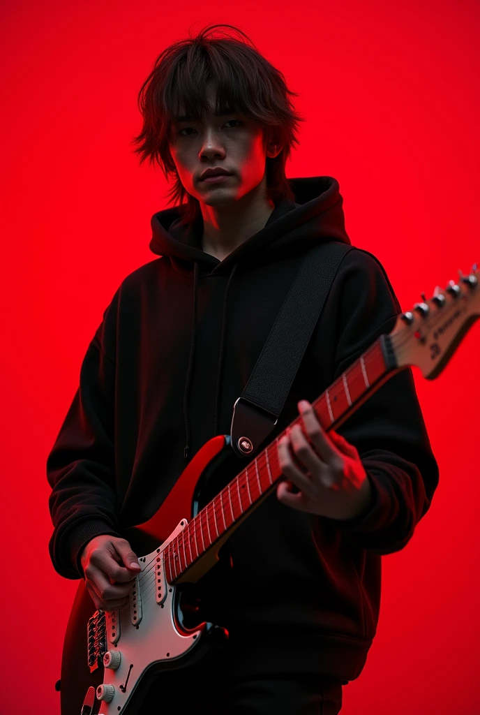20 year old Japanese male teenager with brown hair and long emo hair wearing a black hoodie playing electric guitar,HD,4k,realistic,afternoon,Full Body Angle, Red background, face looking at the camera with a cold gaze