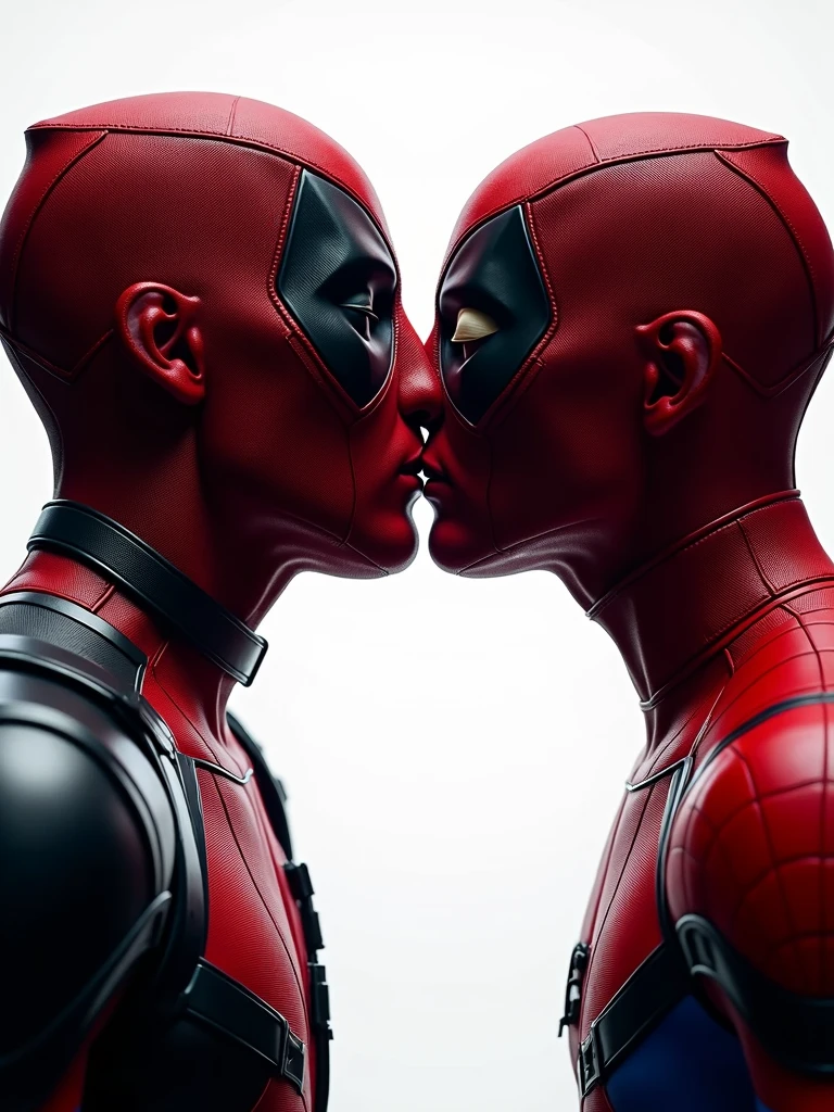 close up scene of Deadpool Kissing Spider-Man with their masks on. Very detailed. Strong white studio Lighting from the background