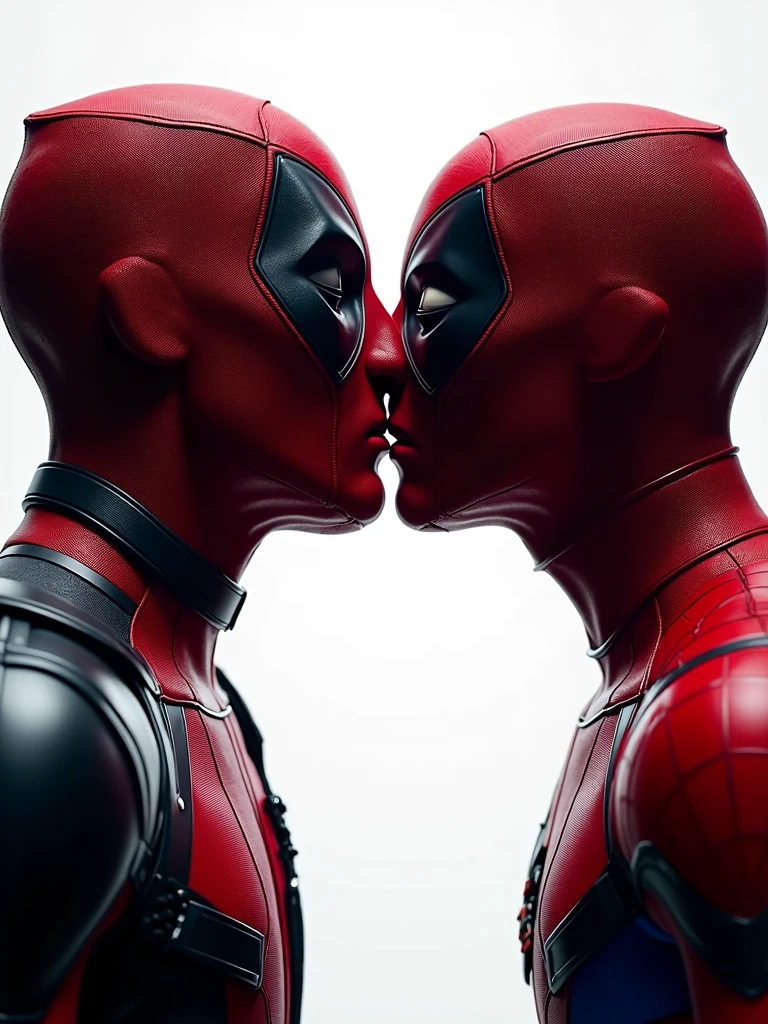 close up scene of Deadpool Kissing Spider-Man with their masks on. Very detailed. Strong white studio Lighting from the background