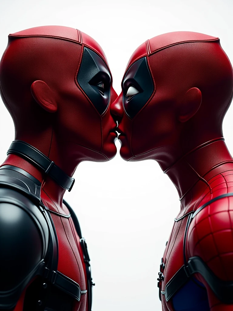 close up scene of Deadpool Kissing Spider-Man with their masks on. Very detailed. Strong white studio Lighting from the background