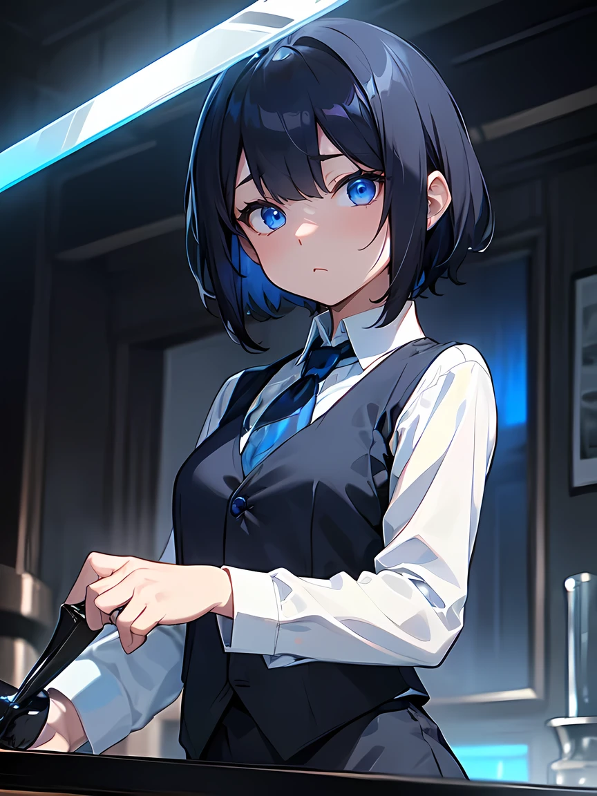 Dark blue short hair、Blue shining eyes、Medium chest、bartender、(A long-sleeved white shirt with a black vest、The Obsidian Bar with Blue Lights:1.3)、Girl、(mini、Young、Girl、low length:1.1)、solo、Anime Style:1.1、