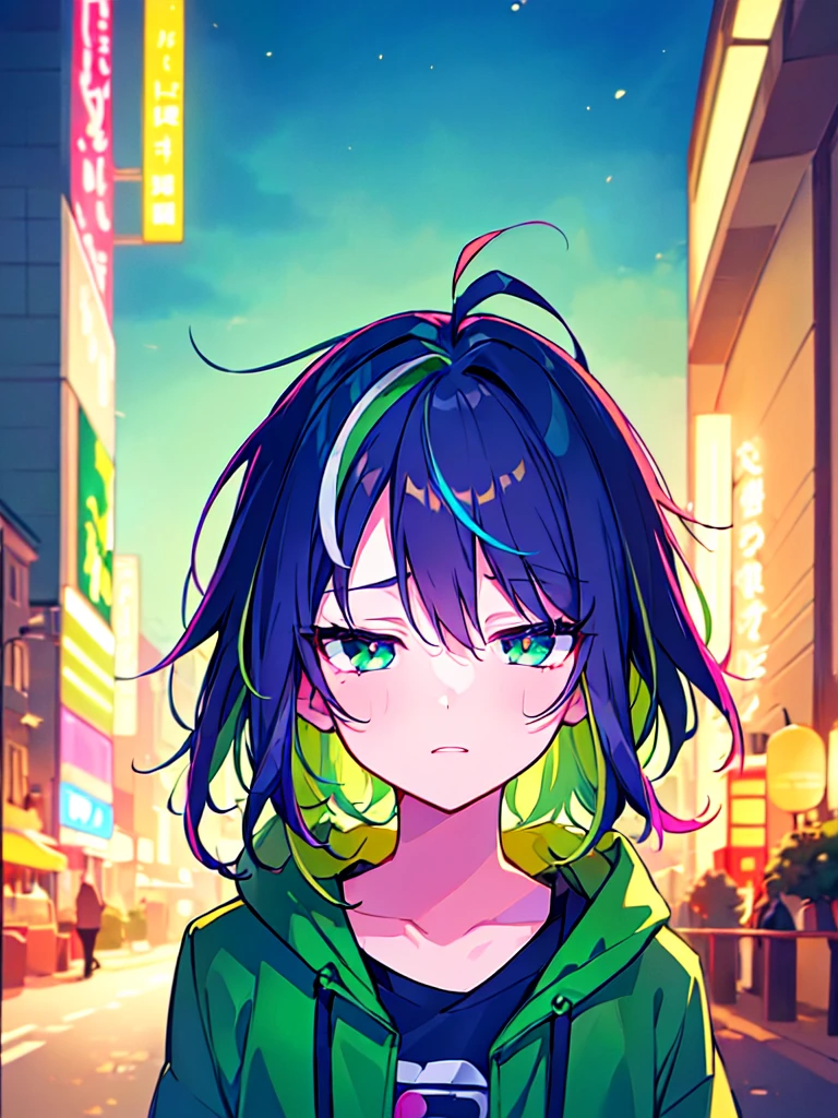 [(CITYPOP BACKGROUND:1.5),::5], ((((masterpiece)))), high quality, ultra very high resolution, full color, (((solo))), ((**********)), Purple hair, ((Green streaked hair)), (Green eyes), anime, ((upper body)), neon light, black parka, 