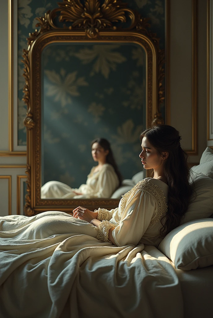 A person is lying on the bed, opposite is a large mirror