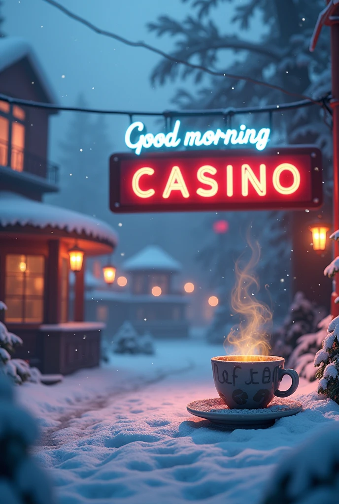 A casino background with some cold weather with a sign that says "GOOD MORNING WE ARE ALREADY LOADING" With a hot cup of coffee "RED NOA YOUR TRUSTED CASINO"
