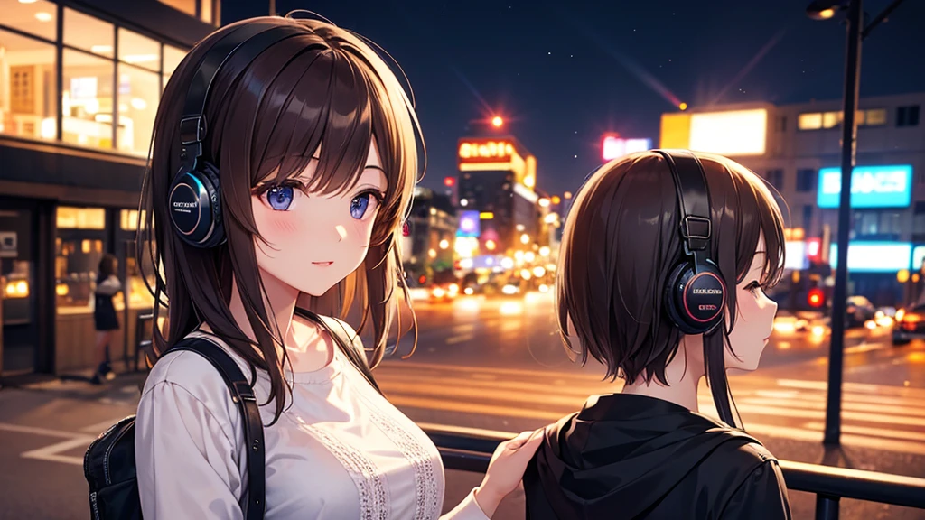 Listening to music in the city at night。Double Exposure