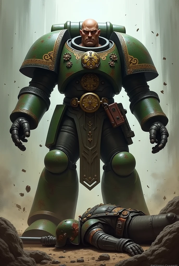 Space Marine Salamander from Warhammer 40k spreads his arms out to the sides in the style of well, it happens , and in the corner lies the commissar he killed,