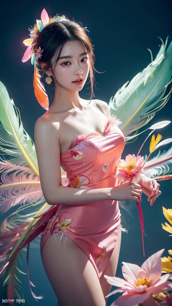 blond woman in 핑크빛 옷 holding a flower in her hand, dressed in a pink outfit, wearing an organza gown,  wearing ballroom gowns,  Stylish editorial photography, official valentino editorial, translucent dress, Subtle and dreamy, celestial fairy tale, very subtle, dreamy and heavenly,lots of merlot, official dior editorial, 1 woman,
