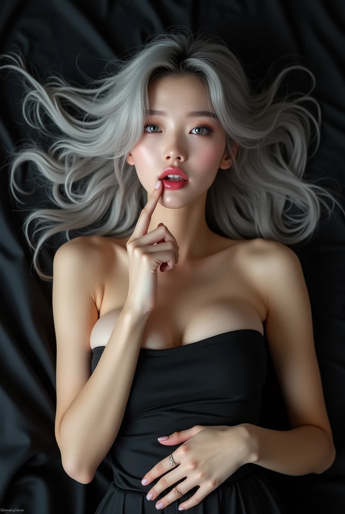 overhead of extremelly beautiful Korean girl, korean idol, kpop style, slender body, detailed skin texture, detailed beautiful eyes, detailed sexy moist lips, natural make up, detailed long silver messy hair, medium breasts, sexy body, black sheet, fully naked, one hand is covering breasts and the other hand finger sucking, grey eyes, sexy light pink moist lips, slightly open mouth, looking to the viewer, Bright front soft studio light, 8K, hyper-realistic, photorealistic, (depth of field:1.1), sharp focus. The individual is adorned with a voluminous, flowing mane of her hair. ((90 degree above view, lie down)), ((fully naked))