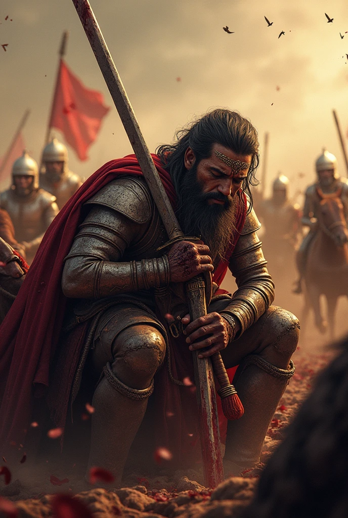 Maharana Pratap was dejected in the battlefield, blood was flowing from his body or he was resting his head on the sword, he was fighting on all sides, his horse was nearby.