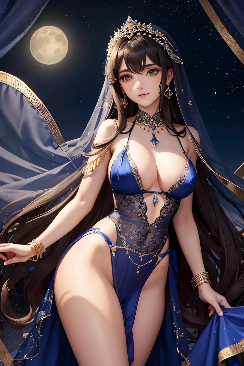 "A beautiful Middle Eastern princess with dark brown curly hair, Layla of Sheherazade, is wearing an exquisite lingerie set made of deep blue silk, adorned with silver embroidery depicting stars and moons. The delicate and lightweight fabric drapes gracefully over her form, reflecting the mysterious and exotic aura of the Sheherazade Kingdom. The lingerie is both sensual and elegant, enhancing her allure while capturing the serene beauty of the night sky in her homeland. The soft silk and celestial designs make her appearance both enchanting and regal."