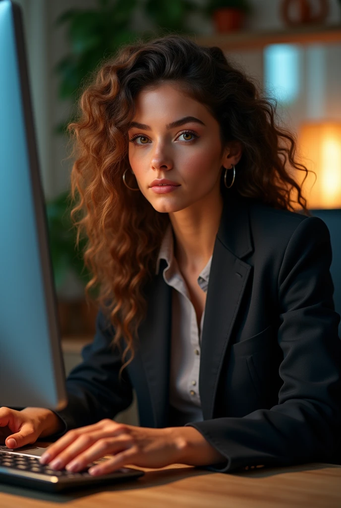 a beautiful girl with curly brown hair, detailed eyes, nose, and lips, wearing professional outfit, siting in her office, using her computer, hp comuter (best quality,4k,8k,highres,masterpiece:1.2),ultra-detailed,(realistic,photorealistic,photo-realistic:1.37),HDR,studio lighting,extremely detailed face and body, portrait,cinematic lighting,dramatic lighting,warm color tones,dramatic colors