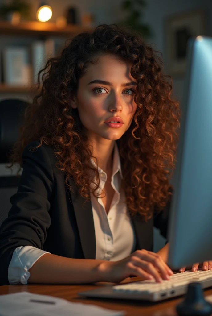 a beautiful girl with curly brown hair, detailed eyes, nose, and lips, wearing professional outfit, siting in her office, using her computer, hp comuter (best quality,4k,8k,highres,masterpiece:1.2),ultra-detailed,(realistic,photorealistic,photo-realistic:1.37),HDR,studio lighting,extremely detailed face and body, portrait,cinematic lighting,dramatic lighting,warm color tones,dramatic colors