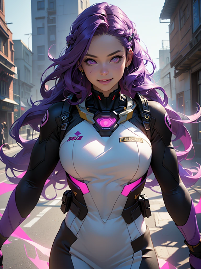 a girl in a hero costume, long flowing purple hair, purple-pink eyes, futuristic tight suit, dark purple and black suit, girl smiling, academy in the background, field for training heroes, other classmates in the background, MHA, beautiful cheerful girl, gold hairpins in her hair, wavy silky hair, pale porcelain skin, (best quality,4k,8k,highres,masterpiece:1.2),ultra-detailed,(realistic,photorealistic,photo-realistic:1.37),intricate details,cinematic lighting,vibrant colors,dynamic composition,dramatic shadows,volumetric fog,ornate ornaments,glowing energy effects,advanced