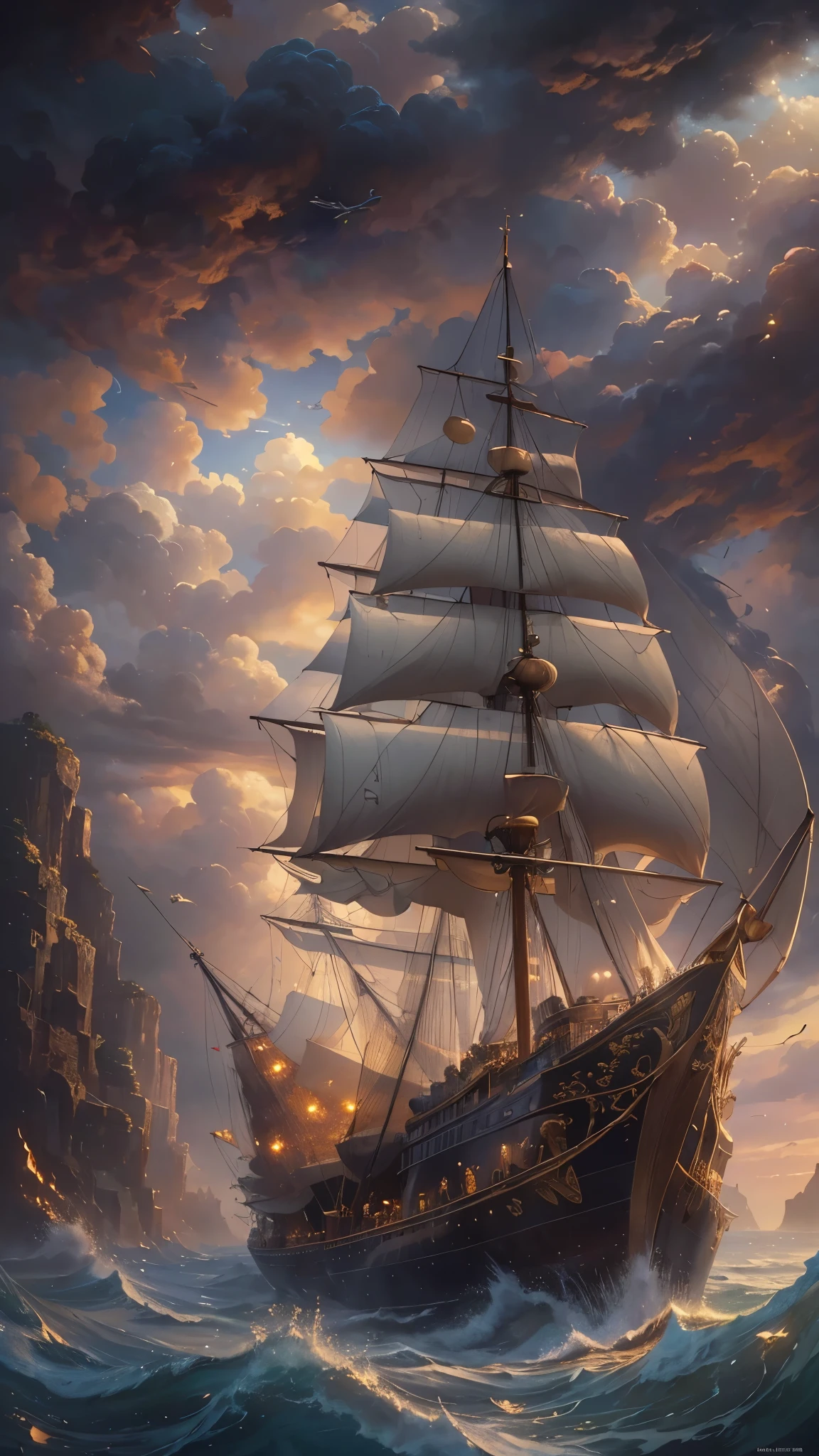 ((Highest quality)),(Ultra-high resolution),(Super detailed),(Detailed Description),((The best CG)),(masterpiece),Highly detailed art,(Art with precise detail:1.5), Boat, mast, 風に追われBoatは何処へ