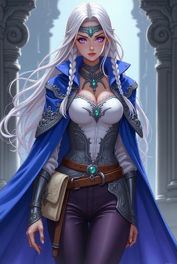 Lavender eyes. Magician People Woman, with long braided white hair.  Blue cape decorated with silver embroidery and a detached hood. White blouse, silver breastplate and brown pants and boots. Silver collar with emerald and silver headband with emerald Brown belt with cream colored bag Manga style