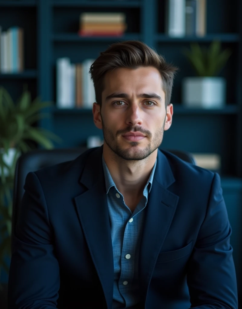 A business man, upper body photo, in a blue coat, young age, smart and handsome , attractive, premium quality, 4k quality, background books and small plants, and low light, sits on a  chire, back ground light light blue or red, smart face, 
Light on his face, back ground must bhi light glow in blue,  face straight to camera, face change

