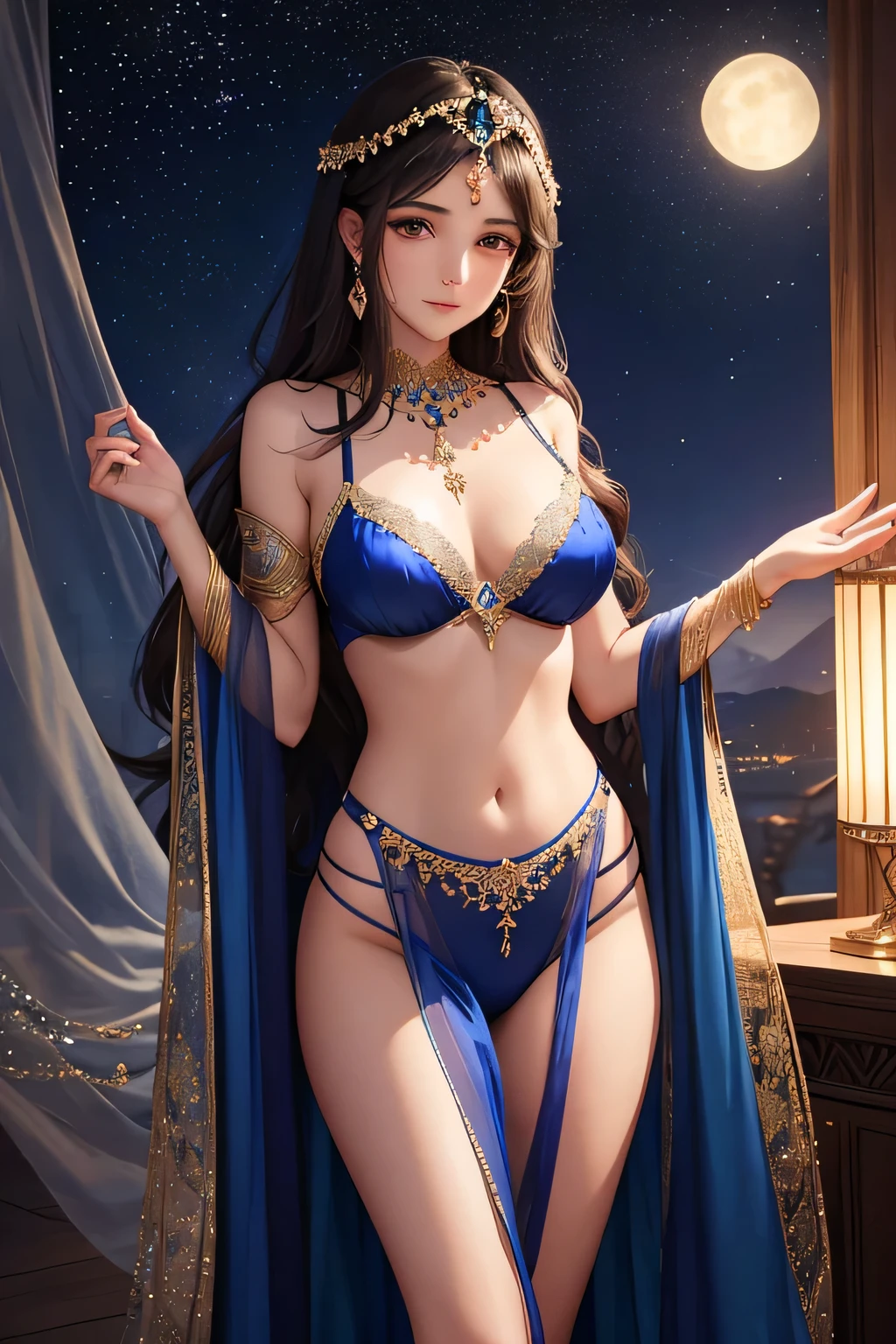 "A beautiful Middle Eastern princess with dark brown curly hair, Layla of Sheherazade, is wearing an exquisite lingerie set made of deep blue silk, adorned with silver embroidery depicting stars and moons. The delicate and lightweight fabric drapes gracefully over her form, reflecting the mysterious and exotic aura of the Sheherazade Kingdom. The lingerie is both sensual and elegant, enhancing her allure while capturing the serene beauty of the night sky in her homeland. The soft silk and celestial designs make her appearance both enchanting and regal."