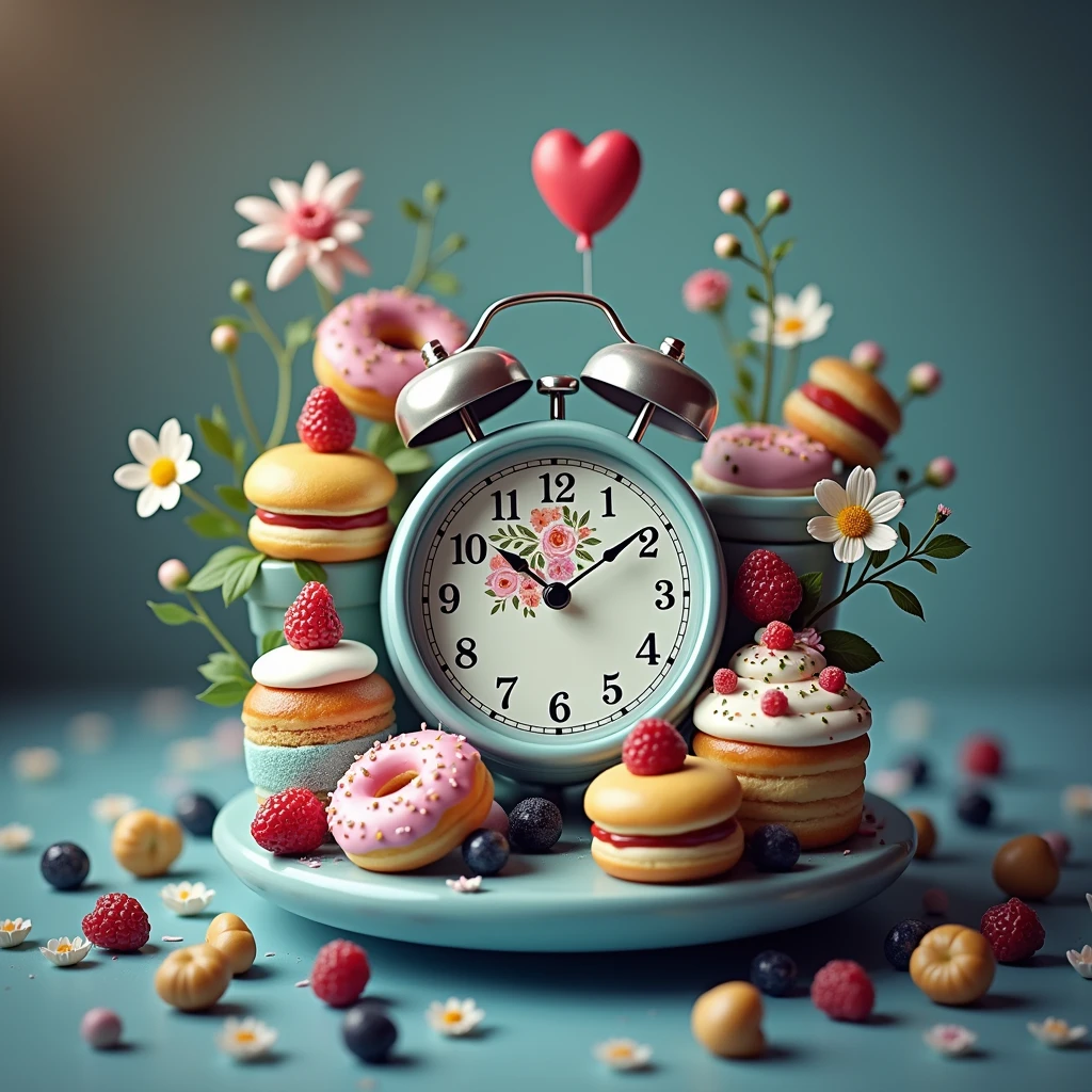 An alarm clock surrounded by cakes and berries is decorated with flowers and donuts in colorful glaze