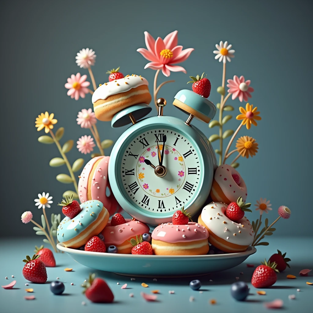 An alarm clock surrounded by cakes and berries is decorated with flowers and donuts in colorful glaze