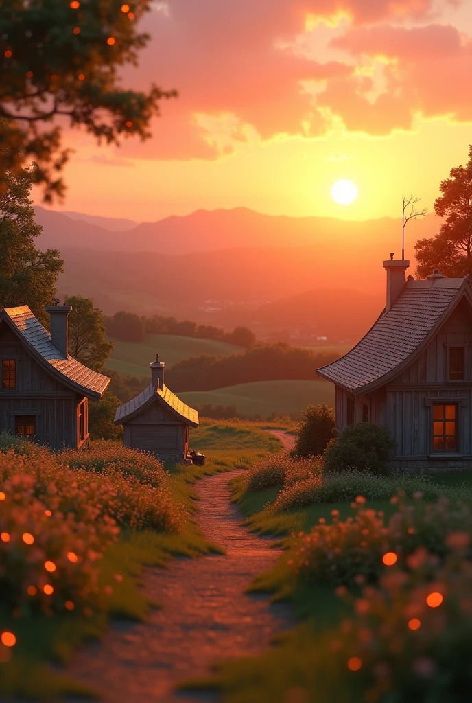 Create incinematic  3d  image "• Sunset after the celebration: The sun setting over the village, casting a golden hue over the fields and homes, with a sense of peace after the festivities.


