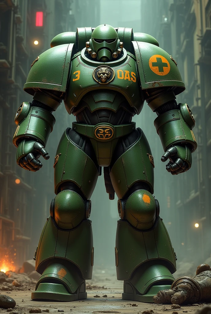 Space Marine Salamander from Warhammer 40k spreads his arms out to the sides in the style of oops , and in the corner lies the commissar he killed,