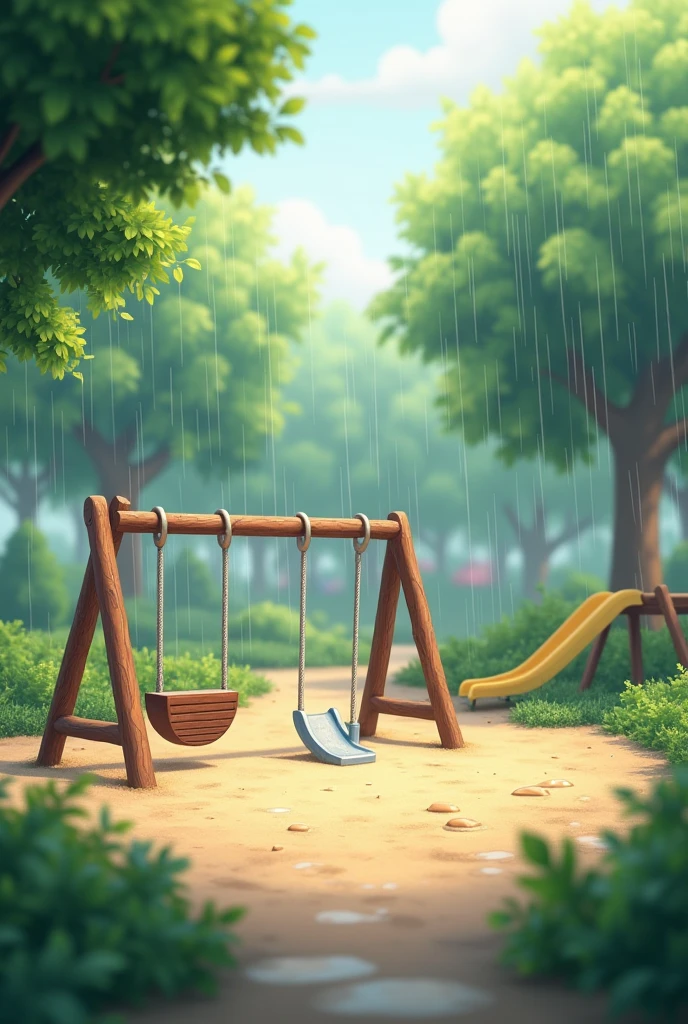 A gentle image of rain softly washing over a small, empty play area