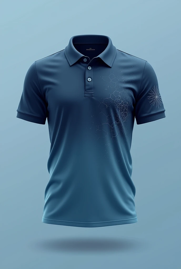 Create a mockup organization color gradient dark blue polo shirt and design it with some elements relating to science, example is Molecules or human organs. The design should be just drawn in minimalist and ink color of design should be dark color of blue. And the both side of shirt should be blue gradient color. show the front and back of shirt