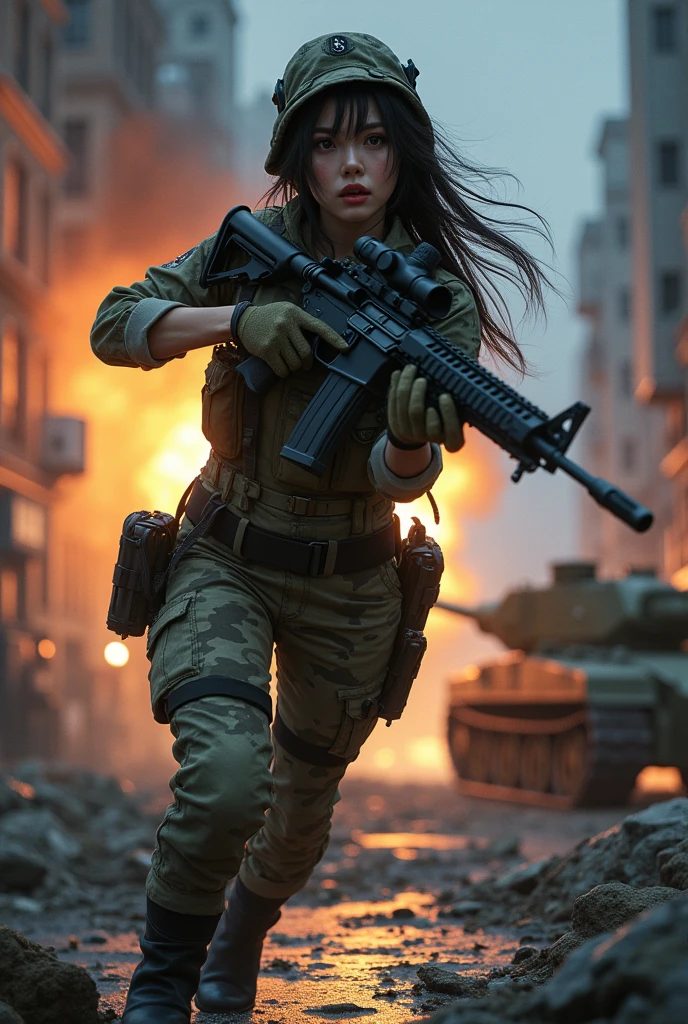 Photo-realistic, ultra-realistic, (very beautiful Japanese, famous Japanese idol:1.3), (Fully equipped for battle:1.5), holding m4a1 large assault rifle, (amazing view of A building and tank destroyed by a missile explosion:1), (she is very scared and crying:1), (wearing an army soldier's Camouflage outfits with military helmet:1.5), (at a battle field of Abandoned Building at night), very large breasts, (tactical vest, military harness:1.3), (military long boots:1), acrobatic pose, Fighting urban warfare, dynamic angle, spectacular, Nimble movements, Sharp turns, (aim and shoot:1.3)