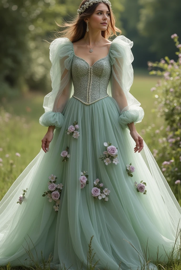 A sage green tulle wedding dress with glitter and dusty purple accents like flowers and leaves with long tulle sleeves that are slightly poofy and a sparkley corset