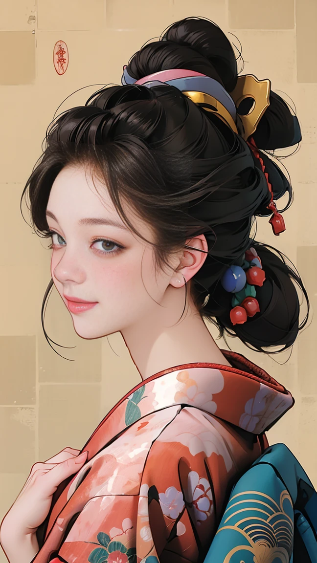 SeaArt creates stunning digital illustrations of beautiful women in kimono、A beautiful woman smiles and shows her upper white teeth、Vividly colored digital illustrations reminiscent of Ukiyo-e、Brown-black long hair、Beautiful full body style、If you want to dance, dance along to the Tokyo Ondo, Yoi Yoi、Beautiful new digital paintings,、 Beautiful anime portraits、The background is the shrines and temples of Kyoto、Detailed digital anime art、