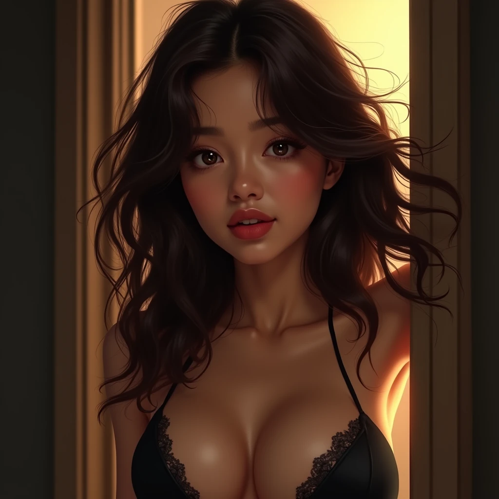 (SFW), masterpiece, best quality, highres k, professional artwork, famous artwork, clean, cinematic lighting, beautiful eyes + detail, beautiful hair + detail, (cute young female body:1.4), (cute small br lactation, happy:1.3, smile:1.3, sexy look at the viewer, sexy lips, fting hair,Anosillus ii,  fg1:1.5)), indoors, doorway,  door open, from above